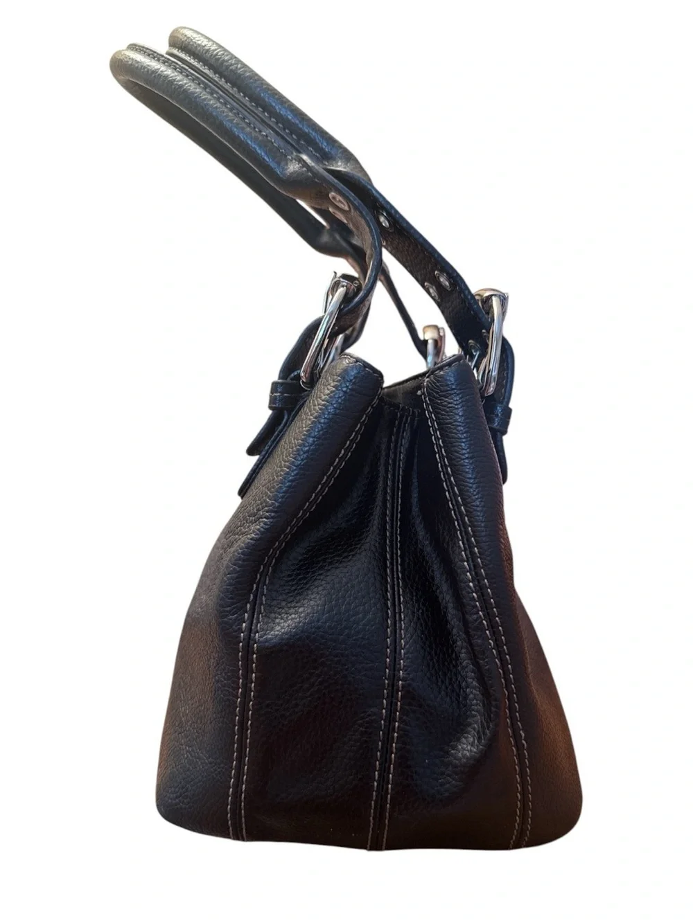 Tignanello Black Pebbled Leather Shoulder Bag with Buckle Straps